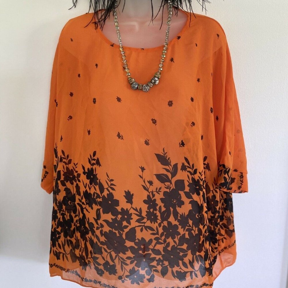 Vintage Allegra K Blouse Sz S Bright Orange Black Leaves Halloween Thanksgiving